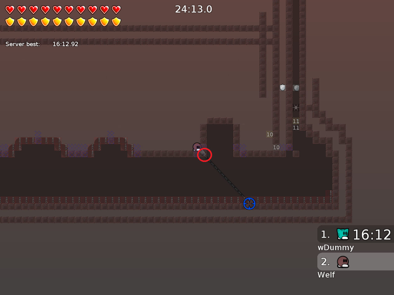 some hookthrough bugs in this map (you only need 1 hookthrough tile here, if you want to make this less buggy)