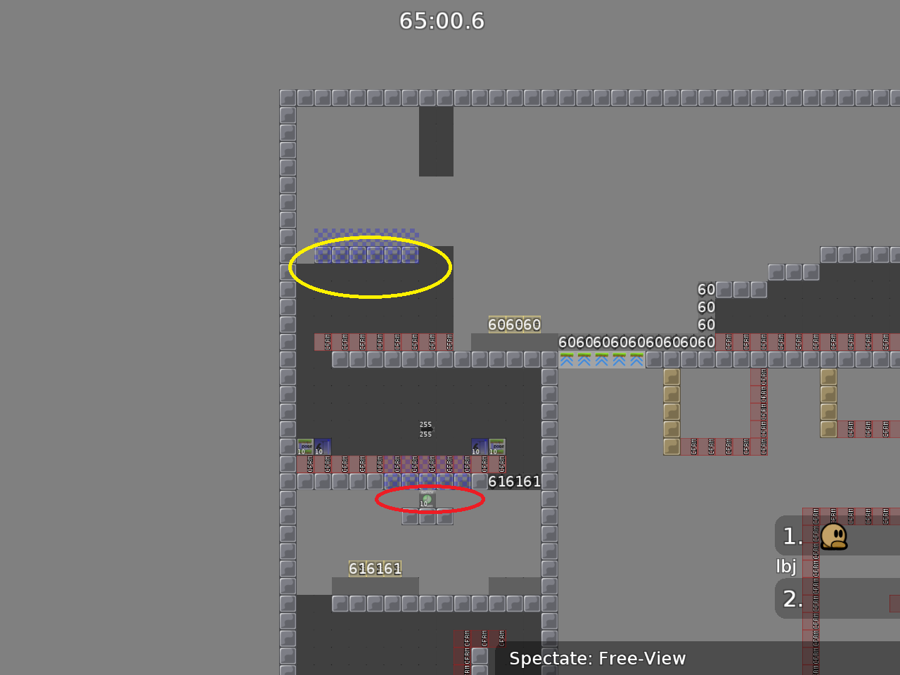 yellow: add hookthrough (not that important, you can do it in whole map)<br />red: add hookthrough tiles, maybe make the platform below hookthrough too