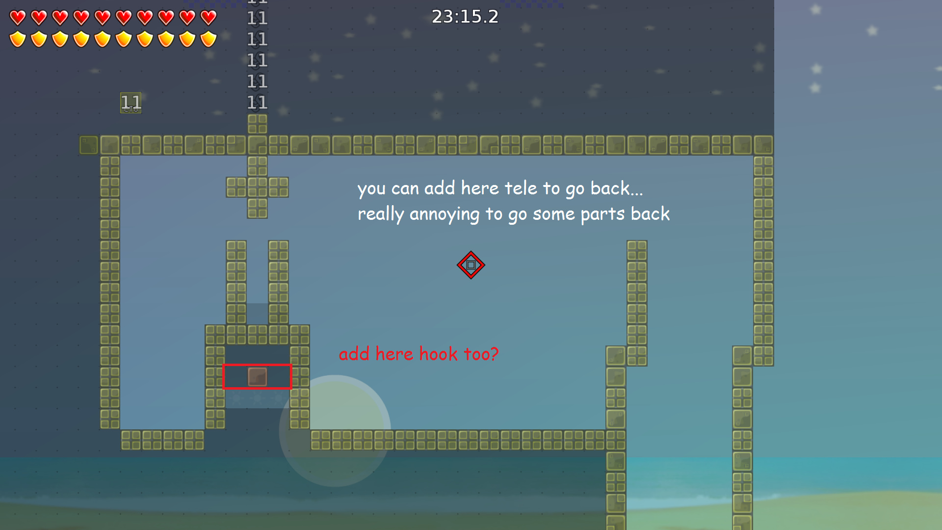 Make here a tele to go back ( very annoying if tees are blocking your the way to go back)<br />Red: add Hook here( not needed)