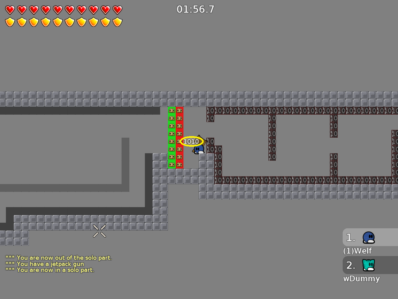you can remove 1 to tele (because it is in solo part and with dummy copy move you want to spawn at the same spot as your dummy<br />instead of using 1 seconds freeze you can add unfreeze on to tele ^^