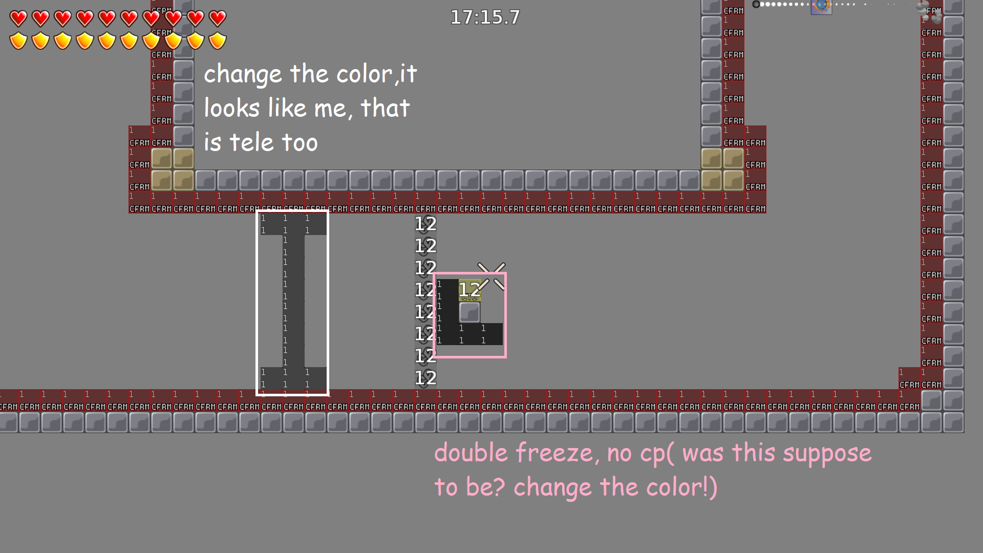 White: Change the color so i can see that it is only freeze.<br />Pink:Double freeze( you mark freeze with game and with front there)<br />and there are no Cpfrom(was this suppose to be ? )