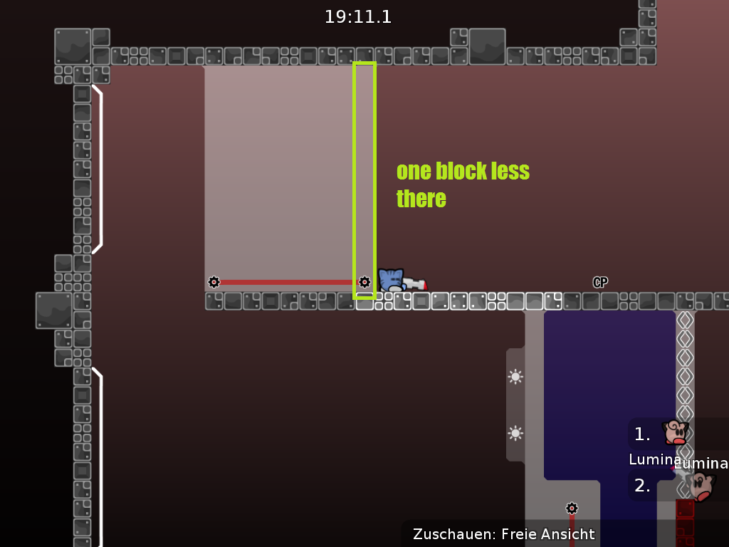 one block less
