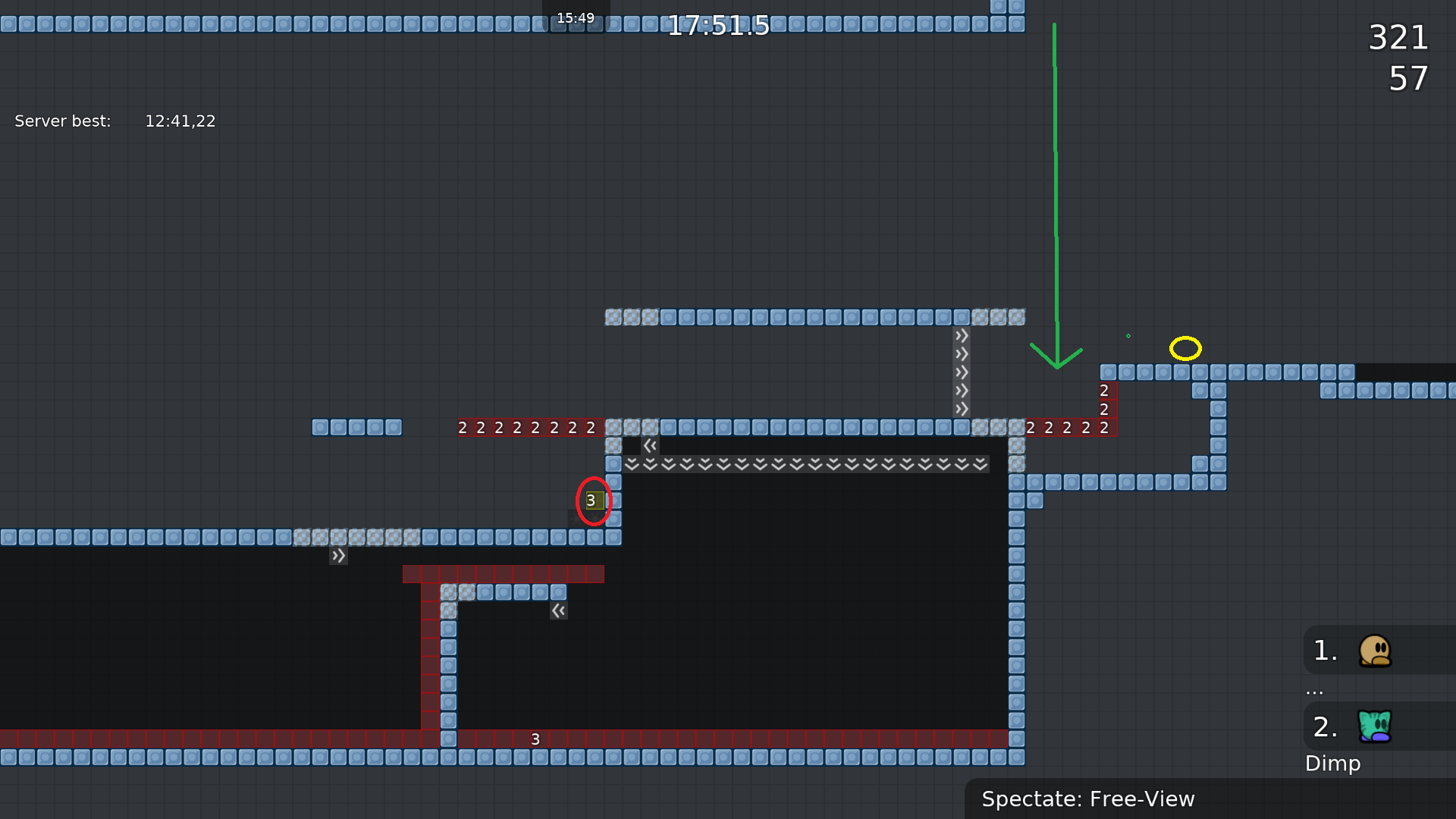 To 3 is in a weird spot, it should rather be placed where the yellow marking is.<br />It shouldn't be possible to drop into tele 2 from up (green arrow).