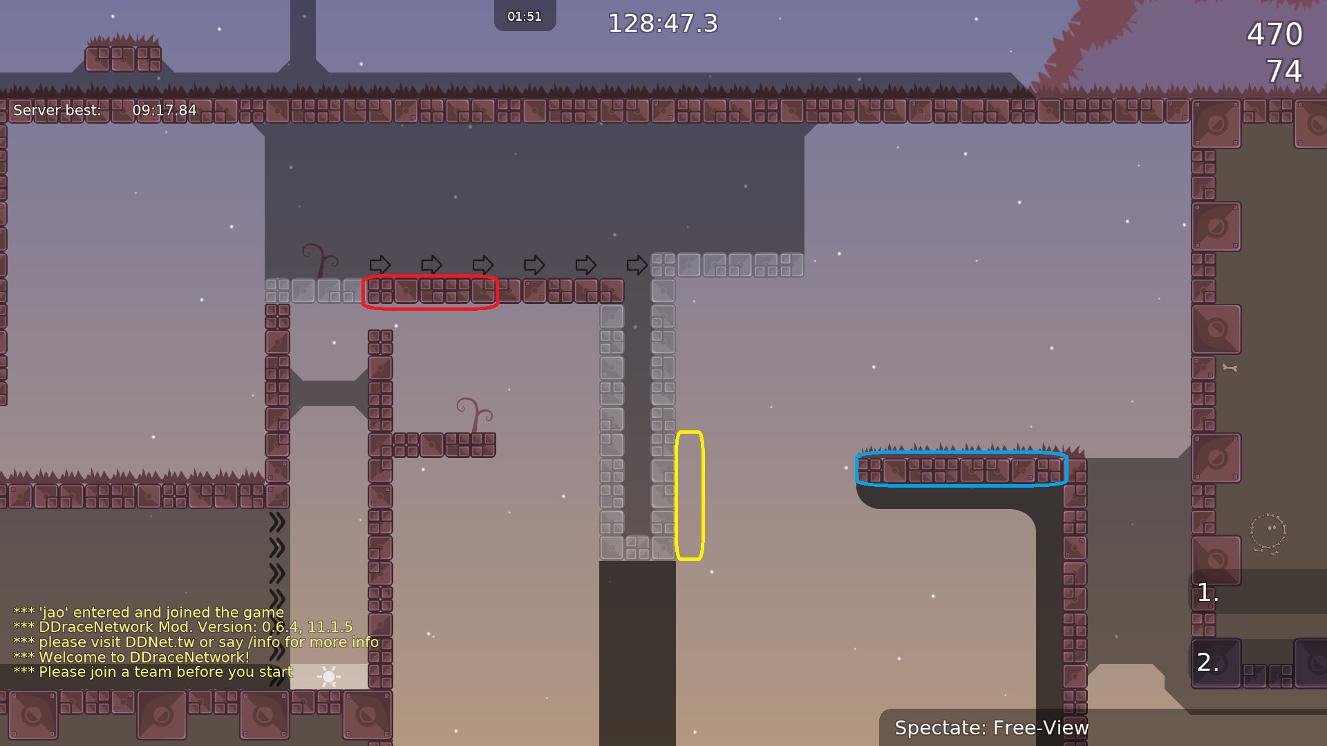 5. Red: This should be hookthrough to allow hooking the dummy properly.<br />Tele 8 part feels a bit too hard, Im 'corneum suggested to add walljump in the yellow marked area. Alternatively you could adjust the blue marked platform hight.