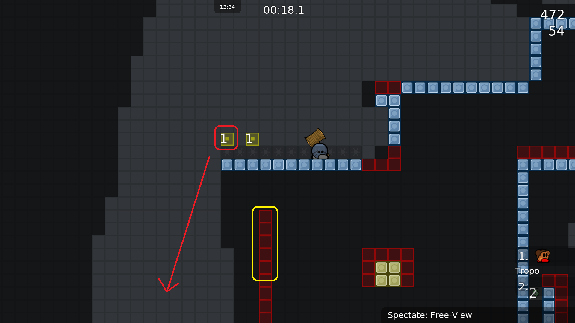 1. Red: TO-teles next to edges should be moved as it's annoying to get ported and run of the platform. (On the whole map)<br />Yellow: These teles should be removed so that you can swing the dummy more far under the platform.