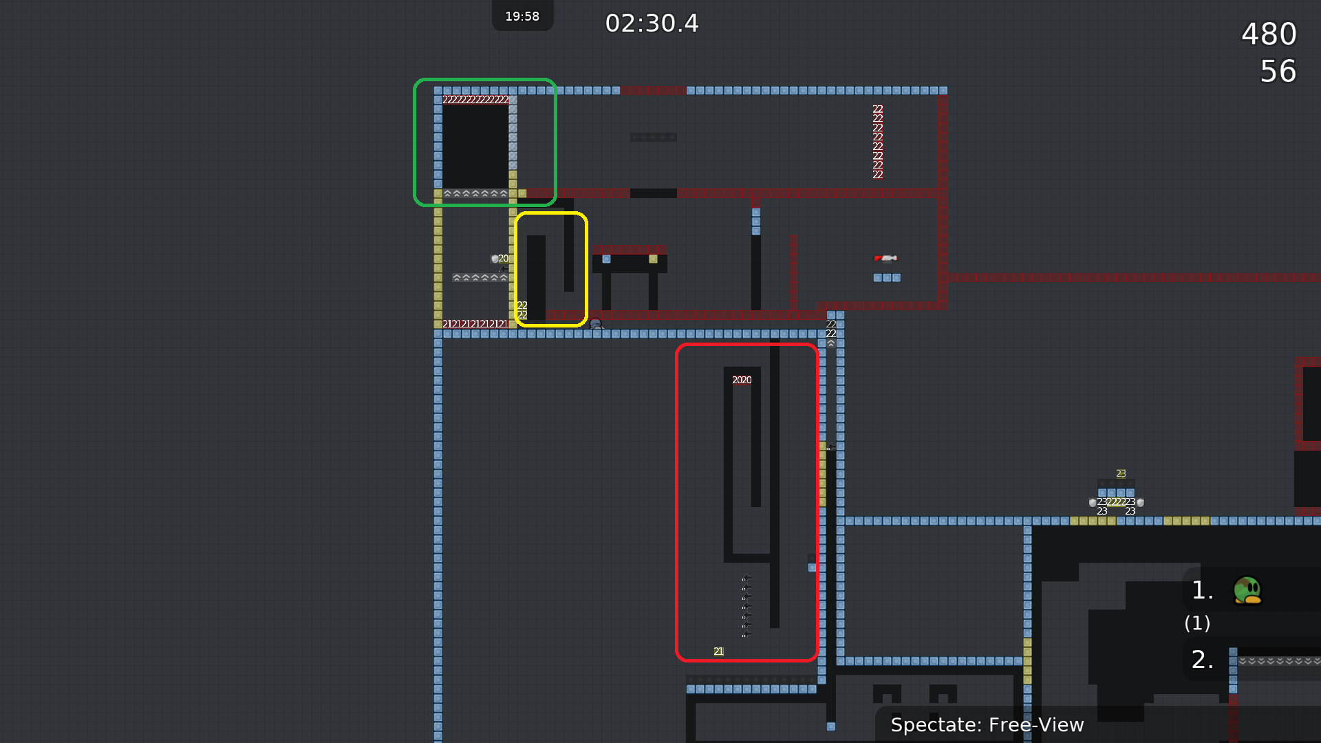 3: Red: This seems to be too hard (compared to the other solo and to the whole map in general).<br />Yellow: This is just annoying, doesn't gain anything for the part. Also, TO-tele position is bad as you always run into freeze.<br />Green: Kinda stupid that one has to wait here to be hooked up. This is some ddmax-like mapping. I'm sure you can find a more modern solution.