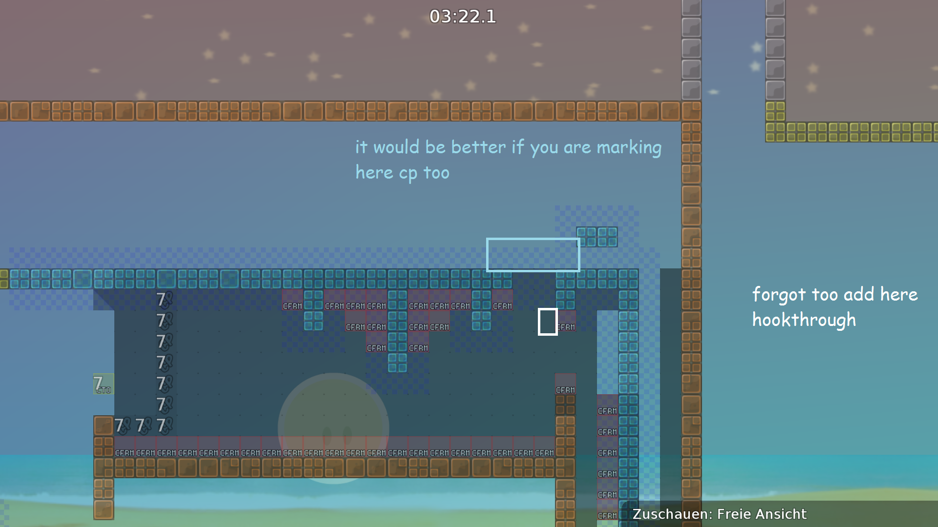 Missing hookthrough ( look at the white block)<br />and make on the blue blocks a Checkpoint