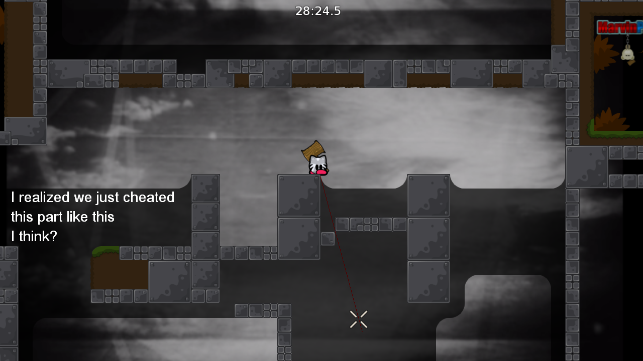 Then I saw other way: hooking him from right to left, edgehook and falling into hole left from me but it's veeery faily and stupid to go down, hook him, throw up, again fail... what about speedups/tele?