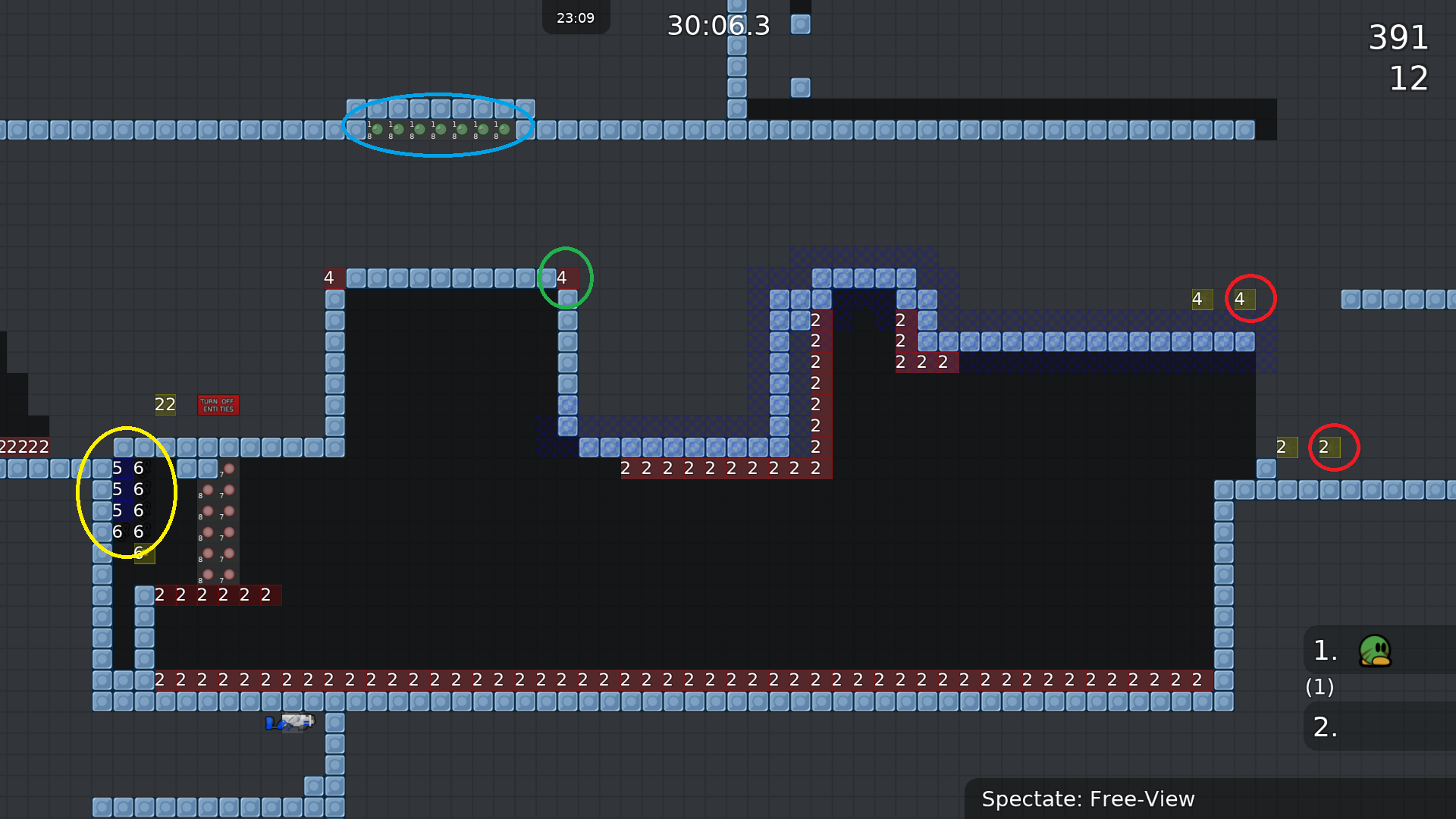 Red: Remove these TO-teles, in dummy maps it's better to have only as much TO-teles as you need.<br />Green: This edge is skipable.<br />Yellow: Shouldn't be possible to hook the dummy into it from the last edge (because the dummy is gone then and you don't know whats next).<br />Blue: Bad placed switches, bit annoying to reach.