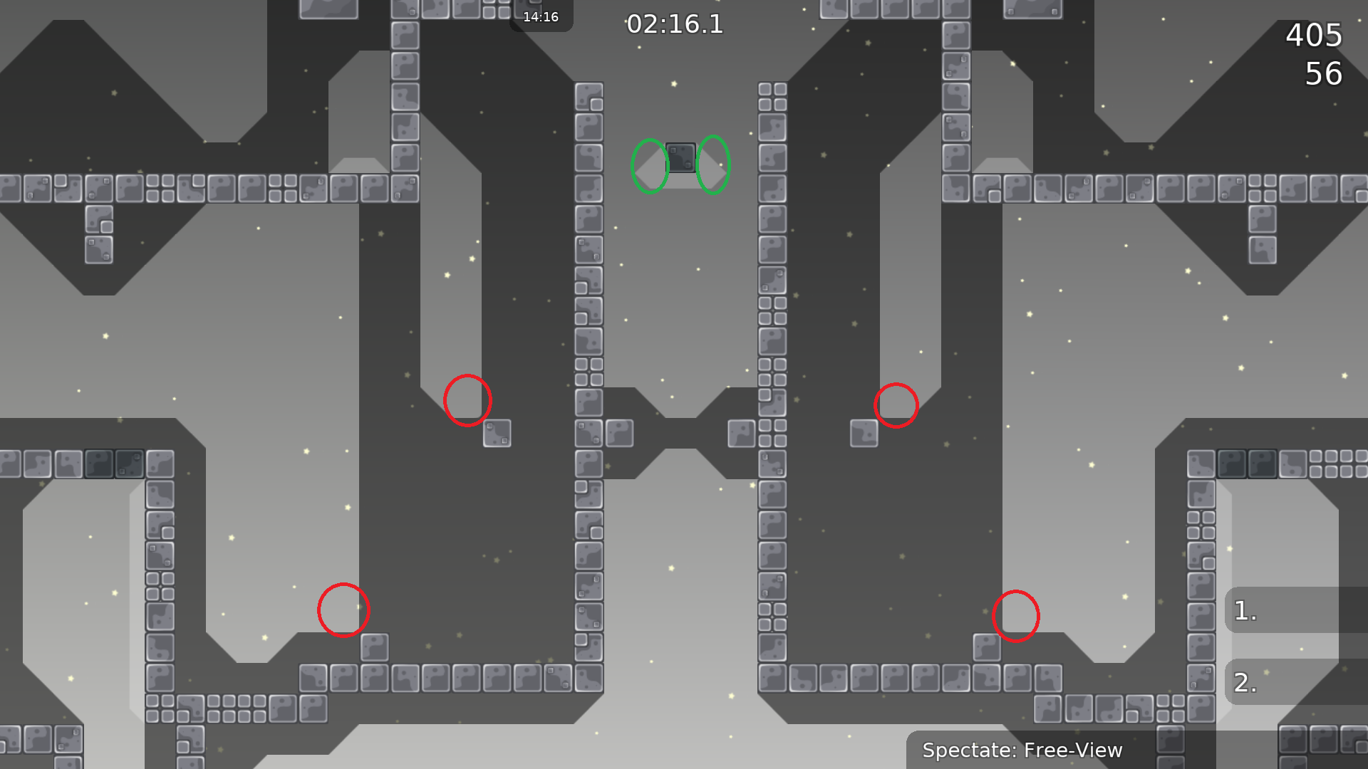 Red: Add unfreeze to improve the map for speedruns (or change freeze duration to 1 sec.).<br />Green: Change these unfreeze to halftiles to stay in your marking style.