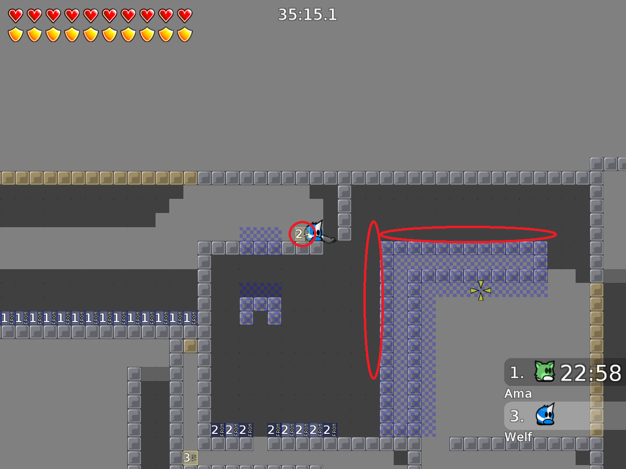 teleporters shouldn't be on the ground (in whole map) add unfreeze tiles at the teleporter, add hookthrough tiles