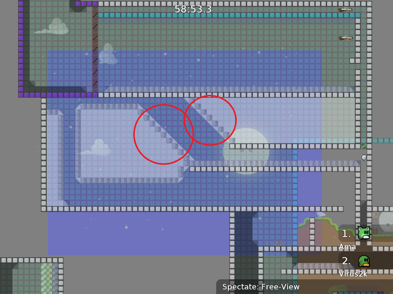 add tele tiles, you can cheat through it (in whole map) and triangle tiles should be tele