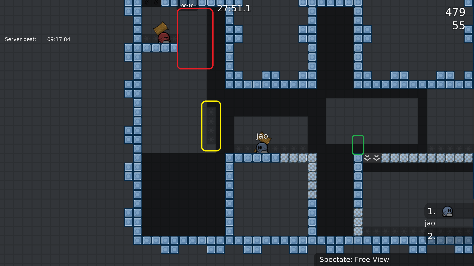 6. Red: This is somehow too tight, annoying for speedruns and generally kinda unnecessary.<br />Yellow: Often you jump over the unfreeze or get frozen again after hitting it.<br />Green: You can tower here to skip the following parts. (Not as hard as it seems.)